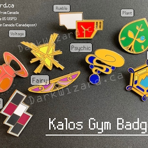 Kalos Gym Badges With Display Board, Metal Pin, for Collection and Cosplay, Anime