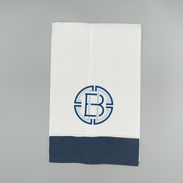 Fine linens for the powder room.Monogrammed guest towels.Embroidered linens with band border.Guest towels for men.Masculine decor.