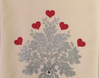 Valentine Guest Towel: Silver Damask & Red Hearts, Swarovski Crystal