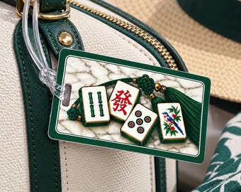 Personalized 2-sided acrylic Mahjong luggage tags with tiles, tassels and a green border