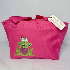 personalized Insulated lunch bag with a frog motif embellished with high quality crystals and an outside pocket