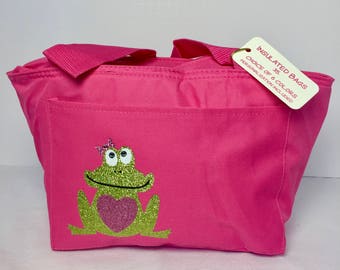 personalized Insulated lunch bag with a frog motif embellished with high quality crystals and an outside pocket