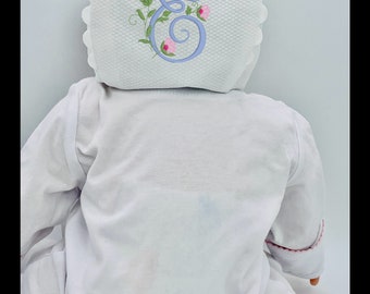 Monogrammed white cotton pique baby girls&#39; bonnet, Cotton pique baby bonnet,Baby shower gift for the baby that has everything,