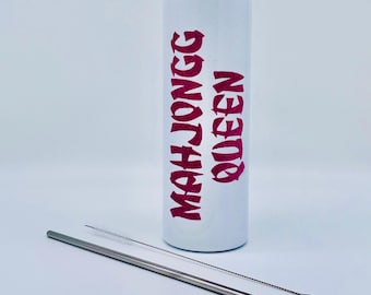 Mahjongg Queen 20 oz tumbler with a metal straw and brush in a non-shedding glitter material