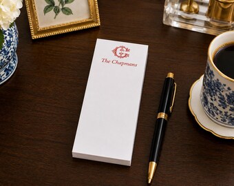 Personalized notepads with an elegant vintage initial and name in a variety of sizes