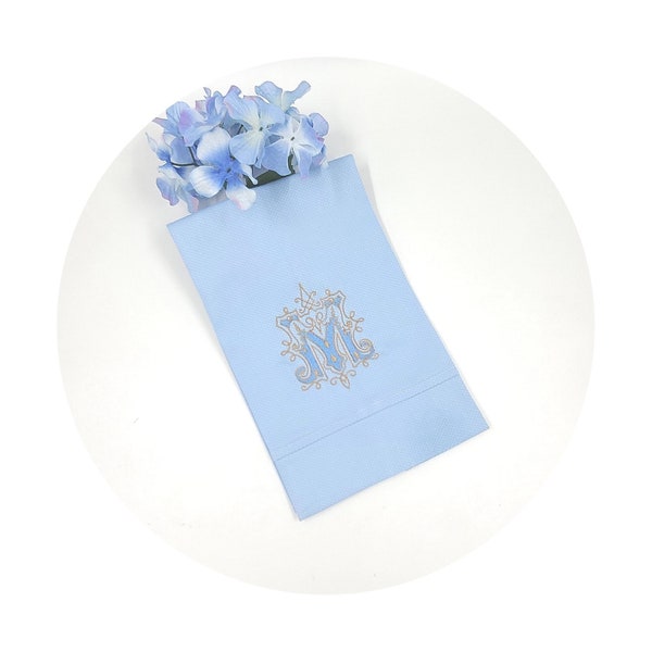 Blue cotton pique guest towel, Monogrammed guest towels, Fine linens for the powder room.Luxury linens for the guest powder room