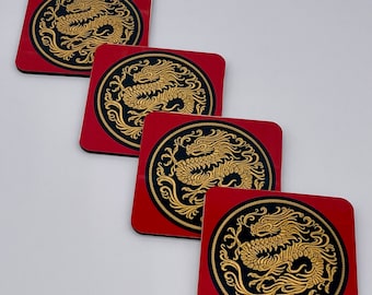 High gloss cork backed 4 inch square Mahjongg coasters, Year of the Dragon coasters, Mahjongg Dragon
