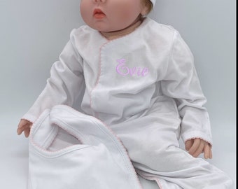 Organic cotton picot footies with foldover cuffs hat and bib,Organic baby clothing