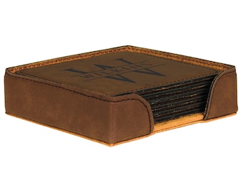 Vegan Leather Square Coasters, Monogrammed Barware, Personalized Hostess Gift