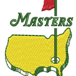 May include: The Masters Tournament logo features a green outline of the United States with a yellow interior, a green flagpole with a red flag, and the word "MASTERS" in green cursive lettering.