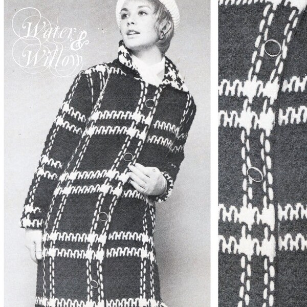 1970s Plaid Crochet Midi Coat pattern 7 pages DIGITAL Instant Download PDF retro fashion greatcoat plaid pattern