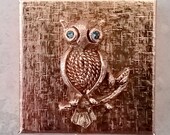 Small Owl Pillbox, square hinged metal box with plastic divider inside, blue jeweled rhinestone eyes, small box for little trinkets