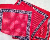 Ladies Long Scarf, red, blue white print neckerchief with 3 panels of designs, rayon silk material, rolled hem, Made in Japan, hair scarf