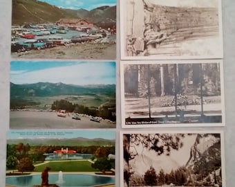 Vintage postcards, 6 unused postcards w/vintage 1950's-60's color & sepia-black/white photos, Colorado, Idaho, Wyoming, Calif Redwood Forest