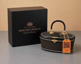 Bolso de mano Lipao tailandés negro de lujo tejido a mano con asa dorada / Elegante bolso de noche artesanal / Monedero tailandés hecho a mano / Regalo para ella