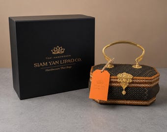 Luxe Thaise lipao-handtas met gouden handvat | Handgemaakte ambachtelijke avondportemonnee | Zwart en goudkleurige geweven tas | Elegant cadeau voor haar