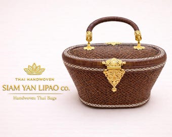 Luxury Thai Handwoven Lipao Handbag with Gold Hardware | Artisan Woven Purse | Elegant Thai Basket Bag | Statement Evening Bag