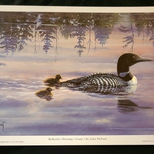 May include: A painting of a loon and two chicks swimming in a lake with a misty, pink and purple sky. The painting is titled "Reflective Morning - Loons" by John McFaul.