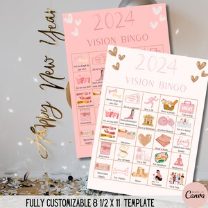 Modèle de bingo du tableau de vision 2024, jeu de bingo des objectifs personnels, tableau de vision esthétique imprimable, activité du tableau de vision, fête du tableau de vision