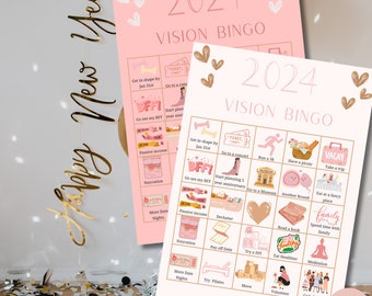 May include: A pink and brown printable vision board bingo card with the year 2024 at the top. The card is divided into a 5x5 grid with various activities and goals to achieve in the new year. Some of the activities include: go to a concert, run a 5k, have a picnic, take a trip, eat at a fancy place, spend time with family, try pilates, volunteer, and go on a girls trip.