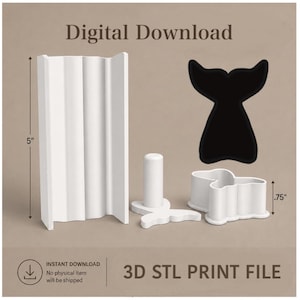 May include: A 3D STL print file for a whale tail cookie cutter, featuring a white vertical wall piece measuring 5 inches tall, a white plunger tool, and a white cutter base measuring 0.75 inches tall with a black whale tail silhouette.
