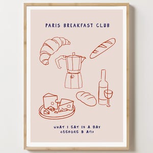 Poster artistico Paris Breakfast Club, stampa di caffè e croissant, poster di caffè francese, stampa di cucina moderna, decorazione murale da bistrot