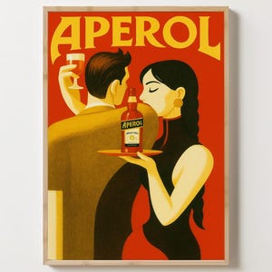 May include: A vintage-style advertisement for Aperol featuring a man and a woman. The man is holding a glass of Aperol and the woman is holding a bottle of Aperol. The background is red and the text "Aperol" is in yellow.
