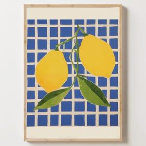 Citroenkunstprint, citroenmuurkunst, fruitmuurprint, blauw en geel decor, citrusillustratie, moderne keukenkunst, woondecoratie