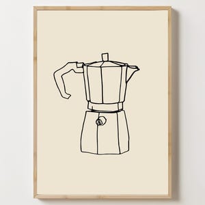 May include: A black and white line drawing of a coffee pot on a cream background. The drawing is framed in a light wood frame.