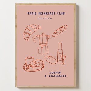 Poster Paris Breakfast Club, stampa di baguette e croissant, poster di vino e formaggio, stampa artistica di bistrot, arte di caffè francese, poster di cucina moderna