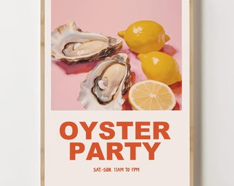 Wydruk artystyczny Oyster Party, sztuka ścienna w stylu nadmorskim, plakat Foodie, sztuka restauracyjna w stylu marynistycznym, nowoczesna sztuka ścienna z jedzeniem, wydruk artystyczny restauracji