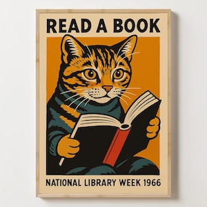 Cat Reading Book Illustration, Cute Cat Wall Art, Read a Book Cat Poster, National Library Wall Art, Reading Art Print