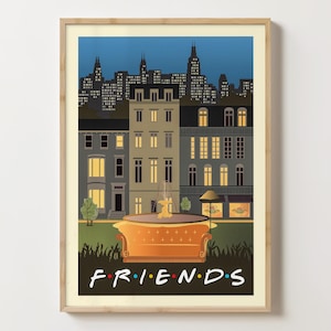 May include: A stylized illustration of the iconic orange couch from the TV show "Friends" in front of a cityscape at night. The couch is in front of a building with the word "FRIENDS" written below it.