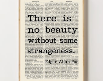 Edgar Allan Poe Quote Print, There Is No Beauty Without Some Strangeness Poster, Gothic Literary Wall Art Print Book Lover Gift