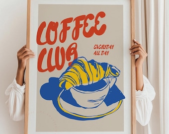 コーヒー クラブ プリント、キッチン ダイニング ルーム デコレーション、コーヒー クラブ ウォール アート、ブルー コーヒー ポスター、ミニマリスト アートワーク、コーヒー バー デコレーション