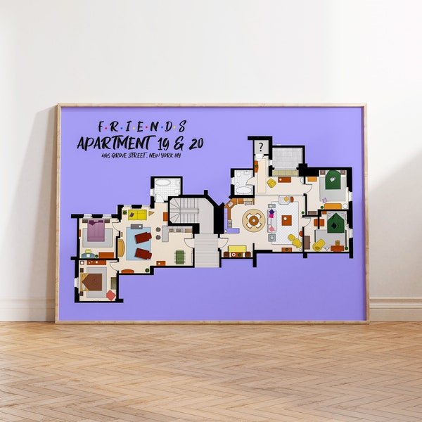 Plan d'étage de l'appartement d'une série télévisée d'amis - Agencement de la série télévisée d'amis, affiche d'amis, décoration murale de sol, affiche de Noël, Joey, Chandler et Monica