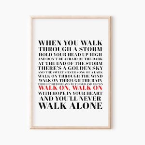 May include: A framed print with the lyrics "When You Walk Through A Storm" in black and red text on a white background. The wooden frame surrounds the text, creating a minimalist aesthetic.
