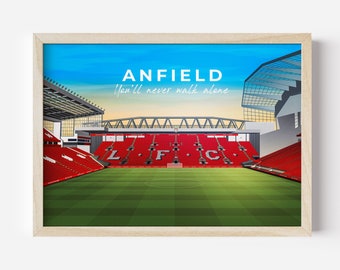 Liverpool Anfield Stadium-konstverk, Anfield-tryck, Anfield-affisch, Liverpool-fantryck, Liverpool-present, stadiontryck, stadionaffisch