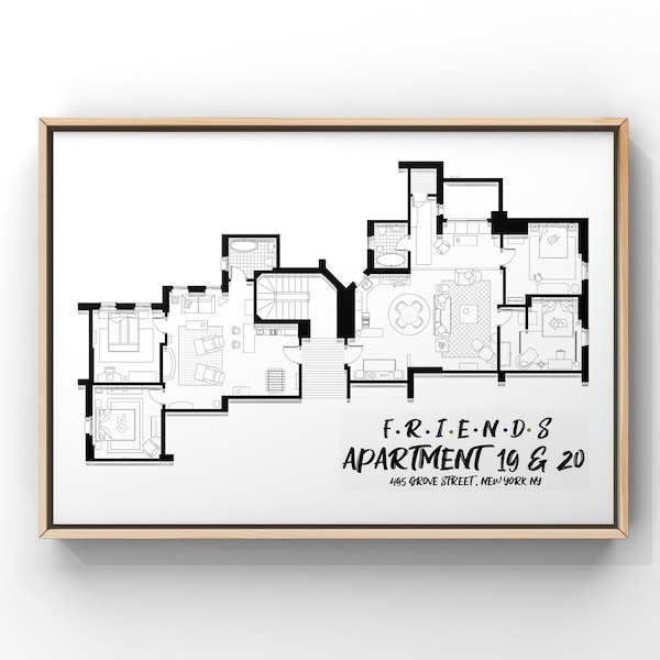 Plan de l'appartement de l'émission de télévision Friends - Agencement de l'émission de télévision Friends - Plan d'étage de la décoration murale - Appartement de Joey, Chandler, Monica et Rachel