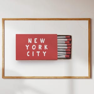 New York City Streichholzschachtel Poster, NYC Wandkunst, minimalistischer Streichholzschachteldruck, Vintage Typografie Print, modernes New Yorker Kunst, rotes Wanddekor