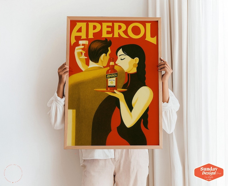 May include: A vintage-style poster advertising Aperol, a popular Italian liqueur. The poster features a couple toasting with glasses of Aperol and a bottle of the liqueur. The background is a vibrant red with yellow lettering.