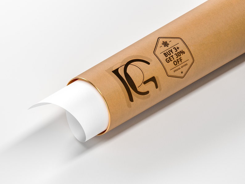 May include: A rolled-up poster in a brown paper tube with a gold band. The poster is partially unrolled, revealing white paper. The tube has a black logo and a promotional sticker that reads "BUY 3+ GET 30% OFF".
