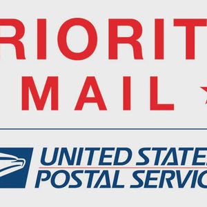 May include: A graphic with the words "PRIORITY MAIL" in red, with red stars. Below is the United States Postal Service logo and text. The background is a light gray color.