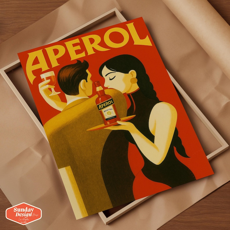 May include: A vintage-style illustration of a couple enjoying Aperol Spritz. The woman is wearing a red dress and holding a glass of Aperol Spritz. The man is wearing a brown suit and holding a bottle of Aperol.