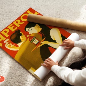 May include: A vintage-style poster advertising Aperol, a popular Italian liqueur. The poster features a couple embracing, with the woman holding a bottle of Aperol. The text "Aperol" is prominently displayed in a yellow font.