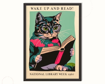 Wake Up and Read Cat Poster, Vintage Library Wall Art, Retro 1960s Style Reading Print for Book Lovers