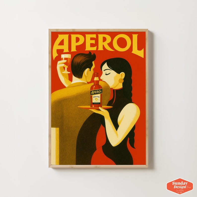 May include: A vintage-style advertisement for Aperol featuring a man and a woman. The man is holding a glass of Aperol and the woman is holding a bottle of Aperol. The background is red and the text "Aperol" is in yellow.