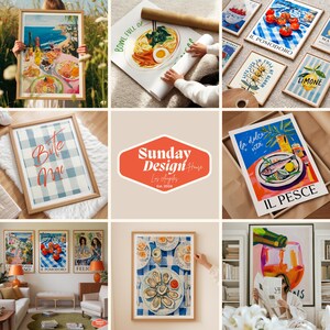 May include: A collection of framed art prints featuring food and lifestyle themes. The prints showcase illustrations of Italian dishes, lemons, and coastal scenes. The artwork includes the text "Bite Me", "Bowl Full of", and "Sunday Design House".