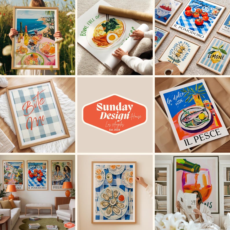 May include: A collection of framed art prints featuring food and lifestyle themes. The prints showcase illustrations of Italian dishes, lemons, and coastal scenes. The artwork includes the text "Bite Me", "Bowl Full of", and "Sunday Design House".