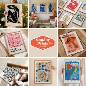 May include: A collection of framed art prints featuring abstract designs, illustrations, and text. The prints are in various colors, including red, blue, black, white, and yellow. The prints are displayed on a wall and on a table.